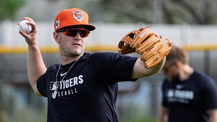Detroit Tigers infielder Jace Jung throws during spring training. Detroit Tigers infielder Jace Jung throws during spring training.