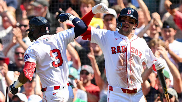 Jul 13, 2025; Boston, Massachusetts, USA; Boston Red Sox outfielder Ceddanne Rafaela (3) celebrates with third base Marcelo Mayer (39) after hitting a two-run home run against the Tampa Bay Rays during the sixth inning at Fenway Park. Mandatory Credit: Brian Fluharty-Imagn Images Jul 13, 2025; Boston, Massachusetts, USA; Boston Red Sox outfielder Ceddanne Rafaela (3) celebrates with third base Marcelo Mayer (39) after hitting a two-run home run against the Tampa Bay Rays during the sixth inning at Fenway Park. Mandatory Credit: Brian Fluharty-Imagn Images