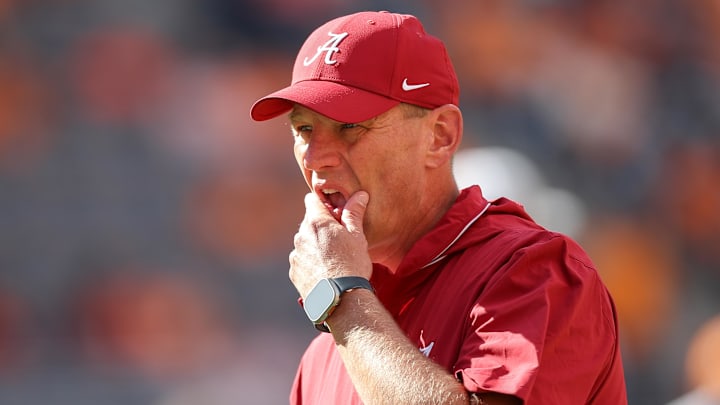 Oct 19, 2024; Knoxville, Tennessee, USA; Alabama Crimson Tide head coach Kalen DeBoer looks on before a game against the Tennessee Volunteers at Neyland Stadium. Oct 19, 2024; Knoxville, Tennessee, USA; Alabama Crimson Tide head coach Kalen DeBoer looks on before a game against the Tennessee Volunteers at Neyland Stadium.