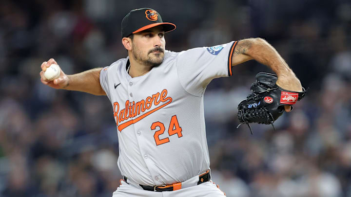 Sep 25, 2024; Bronx, New York, USA; Baltimore Orioles starting pitcher Zach Eflin (24) pitches against the New York Yankees during the first inning at Yankee Stadium.