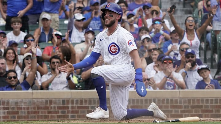 Chicago Cubs third baseman Miles Mastrobuoni smiles after scoring against the Los Angeles Angels on July 7 at Wrigley Field. Chicago Cubs third baseman Miles Mastrobuoni smiles after scoring against the Los Angeles Angels on July 7 at Wrigley Field.