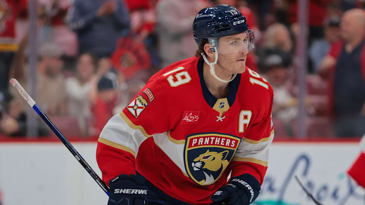 Feb 8, 2025; Sunrise, Florida, USA; Florida Panthers left wing Matthew Tkachuk (19) looks on after scoring against the Ottawa Senators during the second period at Amerant Bank Arena. Mandatory Credit: Sam Navarro-Imagn Images
