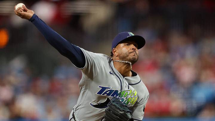 Sep 25, 2026; Philadelphia, Pennsylvania, USA; Tampa Bay Rays pitcher Freddy Peralta (51) throws a pitch against the Philadelphia Phillies during the first inning at Citizens Bank Park. Mandatory Credit: Bill Streicher-Imagn Images