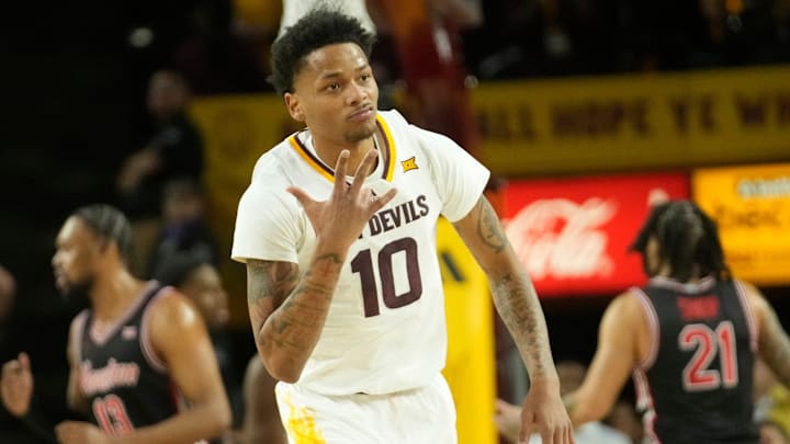Arizona State guard BJ Freeman (10) reacts after a three point basket against Houston during the first half at Desert Financial Arena in Tempe, on Feb. 18, 2025.