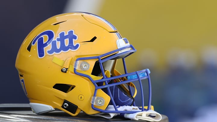Sep 25, 2021; Pittsburgh, Pennsylvania, USA;  A Pittsburgh Panthers helmet sits on the sidelines against the New Hampshire Wildcats during the fourth quarter at Heinz Field. Mandatory Credit: Charles LeClaire-Imagn Images