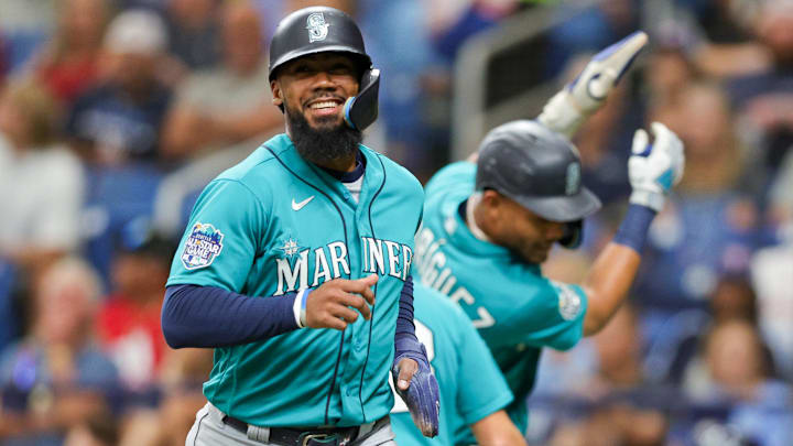 Seattle Mariners right fielder Teoscar Hernandez celebrates after scoring against the Tampa Bay Rays on Sept. 9, 2023, at Tropicana Field.