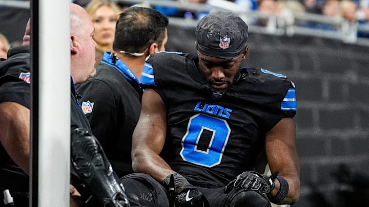 Detroit Lions cornerback Terrion Arnold (0) is carted off the field during the second half against Minnesota Vikings at Ford Field in Detroit on Sunday, Jan. 5, 2025. Detroit Lions cornerback Terrion Arnold (0) is carted off the field during the second half against Minnesota Vikings at Ford Field in Detroit on Sunday, Jan. 5, 2025.