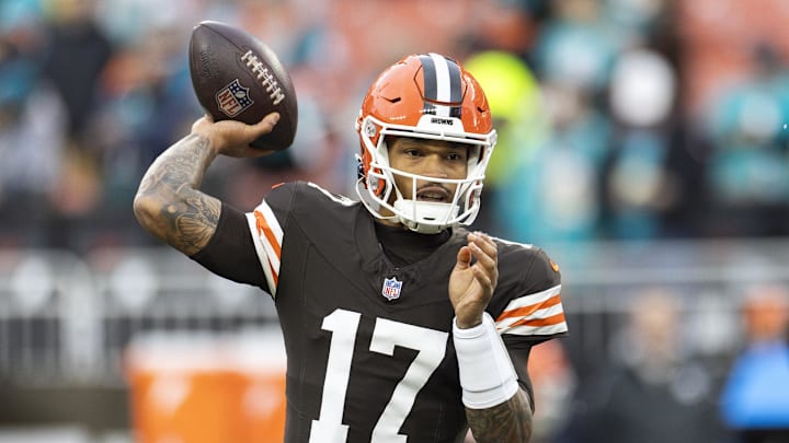 Dec 29, 2024; Cleveland, Ohio, USA; Cleveland Browns quarterback Dorian Thompson-Robinson (17) throws the ball during warm ups before the game against the Miami Dolphins at Huntington Bank Field. Dec 29, 2024; Cleveland, Ohio, USA; Cleveland Browns quarterback Dorian Thompson-Robinson (17) throws the ball during warm ups before the game against the Miami Dolphins at Huntington Bank Field.