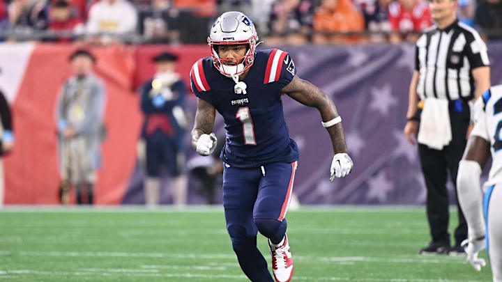 August 8, 2024; Foxborough, MA, USA;  New England Patriots wide receiver Ja'Lynn Polk (1) runs a route during the first half against the Carolina Panthers at Gillette Stadium.