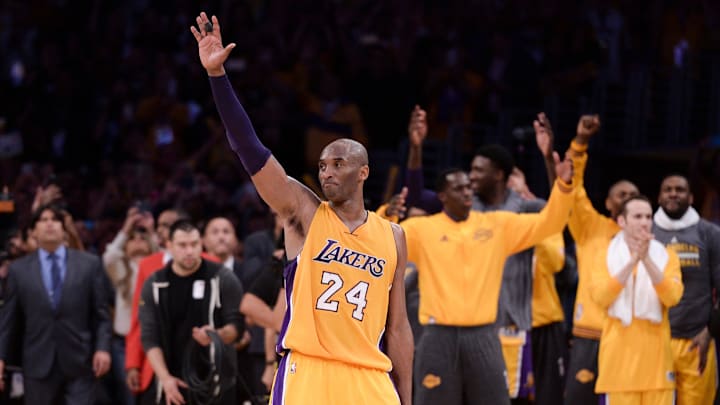 Apr 13, 2016; Los Angeles, CA, USA: Los Angeles Lakers forward Kobe Bryant (24) waves to the crowd as he heads to the bench before the end of the Lakers win over the Utah Jazz at Staples Center. Bryant scored 60 points in the final game of his career. Mandatory Credit: Robert Hanashiro-Imagn Images Apr 13, 2016; Los Angeles, CA, USA: Los Angeles Lakers forward Kobe Bryant (24) waves to the crowd as he heads to the bench before the end of the Lakers win over the Utah Jazz at Staples Center. Bryant scored 60 points in the final game of his career. Mandatory Credit: Robert Hanashiro-Imagn Images