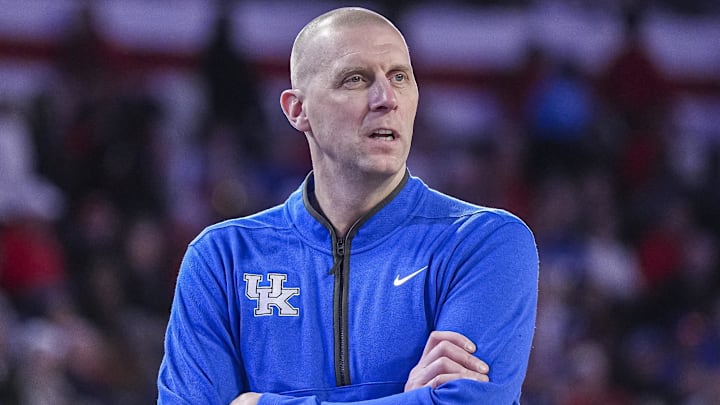 Jan 7, 2025; Athens, Georgia, USA; Kentucky Wildcats head coach Mark Pope on the sidelines against the Georgia Bulldogs during the first half at Stegeman Coliseum. Mandatory Credit: Dale Zanine-Imagn Images