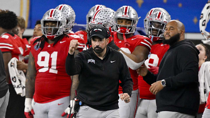 Jan 10, 2025; Arlington, TX, USA;  Ohio State Buckeyes head coach Ryan Day celebrates during the game against the Texas Longhorns at AT&T Stadium. Mandatory Credit: Jerome Miron-Imagn Images