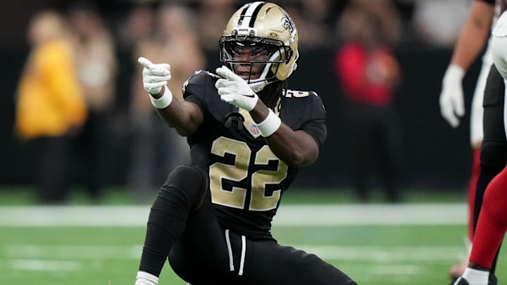 Oct 5, 2025; New Orleans, Louisiana, USA; New Orleans Saints wide receiver Rashid Shaheed (22) celebrates after a play against the New York Giants during the fourth quarter at Caesars Superdome. 