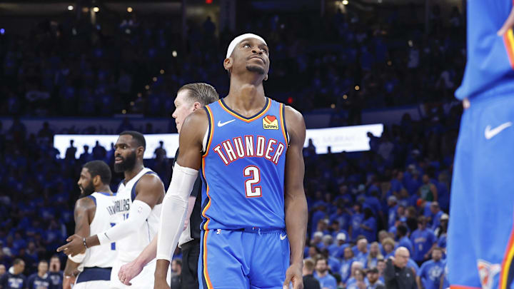 May 9, 2024; Oklahoma City, Oklahoma, USA; Oklahoma City Thunder guard Shai Gilgeous-Alexander (2) reacts after a play against the Dallas Mavericks during the second half of game two of the second round for the 2024 NBA playoffs at Paycom Center. Mandatory Credit: Alonzo Adams-Imagn Images May 9, 2024; Oklahoma City, Oklahoma, USA; Oklahoma City Thunder guard Shai Gilgeous-Alexander (2) reacts after a play against the Dallas Mavericks during the second half of game two of the second round for the 2024 NBA playoffs at Paycom Center. Mandatory Credit: Alonzo Adams-Imagn Images