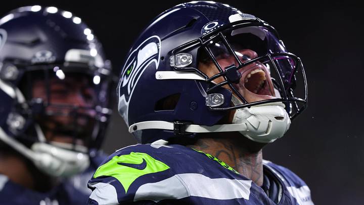 Oct 20, 2025; Seattle, Washington, USA; Seattle Seahawks defensive tackle Byron Murphy II (91) celebrates after a play during the second quarter against the Houston Texans at Lumen Field. Mandatory Credit: Kevin Ng-Imagn Images