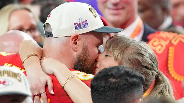 Kansas City Chiefs tight end Travis Kelce (87) kisses Recording artist Taylor Swift after winning Super Bowl LVIII. Kansas City Chiefs tight end Travis Kelce (87) kisses Recording artist Taylor Swift after winning Super Bowl LVIII.
