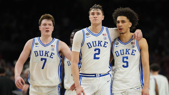 Duke Blue Devils guard Kon Knueppel, forward Cooper Flagg and Tyrese Proctor play in the Final Four.