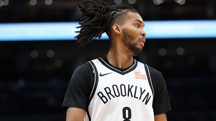 Mar 29, 2025; Washington, District of Columbia, USA; Brooklyn Nets forward Ziaire Williams (8) looks on during the first half against the Washington Wizards at Capital One Arena. Mandatory Credit: Daniel Kucin Jr.-Imagn Images