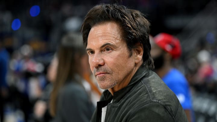 Mar 23, 2025; Detroit, Michigan, USA; Detroit Pistons owner Tom Gores looks on before the game against the New Orleans Pelicans at Little Caesars Arena. Mandatory Credit: Lon Horwedel-Imagn Images