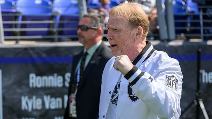Sep 15, 2024; Baltimore, Maryland, USA; Las Vegas Raiders owner Mark Davis on the field prior to a game against the Baltimore Ravens at M&T Bank Stadium. Mandatory Credit: Reggie Hildred-Imagn Images