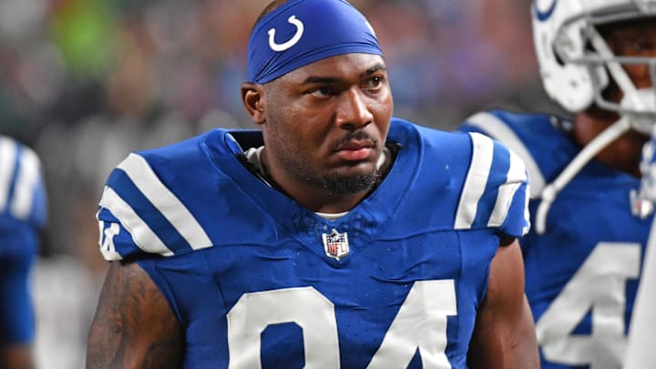 Aug 24, 2023; Philadelphia, Pennsylvania, USA; Indianapolis Colts defensive end Tyquan Lewis (94) against the Philadelphia Eagles at Lincoln Financial Field. Mandatory Credit: Eric Hartline-Imagn Images