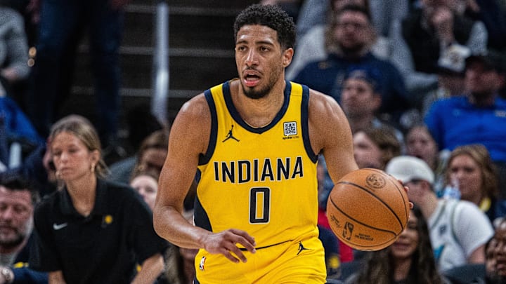 Feb 23, 2025; Indianapolis, Indiana, USA;  Indiana Pacers guard Tyrese Haliburton (0) dribbles the ball in the second half against the LA Clippers at Gainbridge Fieldhouse. Mandatory Credit: Trevor Ruszkowski-Imagn Images