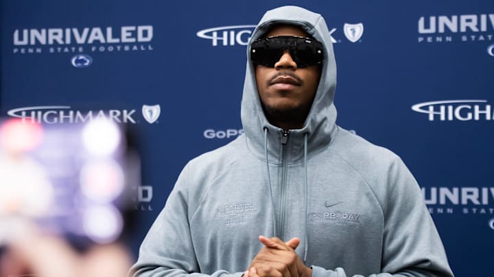 Defensive end Carter speaks to the media at Penn State's Pro Day in Holuba Hall on March 28, 2025, in State College.