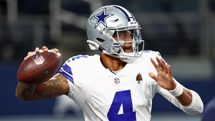 Aug 16, 2025; Arlington, Texas, USA;  Dallas Cowboys quarterback Dak Prescott (4) warms up before the game against the Baltimore Ravens at AT&T Stadium. Mandatory Credit: Kevin Jairaj-Imagn Images