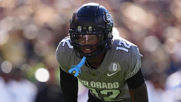 Nov 16, 2024; Boulder, Colorado, USA; Colorado Buffaloes defensive back Travis Hunter (12) looks on during the first quarter against the Utah Utes at Folsom Field. Mandatory Credit: Ron Chenoy-Imagn Images