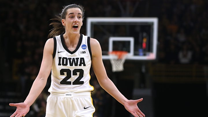 Caitlin Clark reacts to a call while playing Holy Cross in the NCAA Tournament's first round.