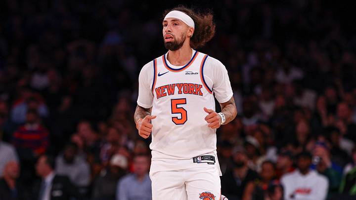Oct 12, 2026; New York, New York, USA;  New York Knicks point guard Jose Alvarado (5) looks up court. Mandatory Credit: Vincent Carchietta-Imagn Images