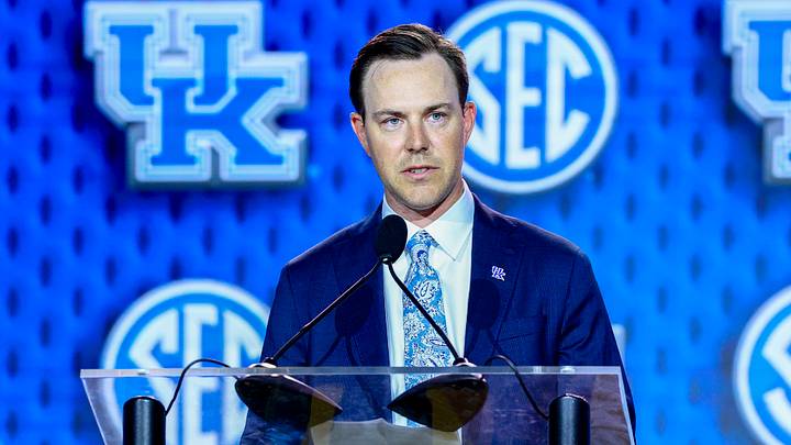Jul 20, 2026; Tampa, FL, USA; Kentucky Wildcats head coach Will Stein speaks to the press during SEC Football Kickoff Media Day at the Tampa Marriott. Mandatory Credit: Nathan Ray Seebeck-Imagn Images