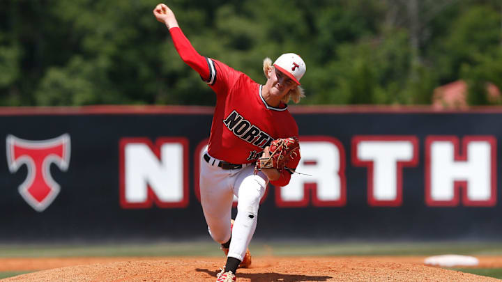 North Oconee's Bubba Chandler throws a pitch during Game 1 of a GHSA Class 4A semifinal doubleheader