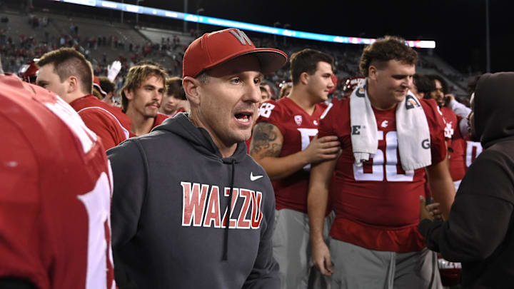 Sep 20, 2024; Pullman, Washington, USA; Washington State Cougars head coach Jake Dickert celebrates after a game against the San Jose State Spartans at Gesa Field at Martin Stadium. Washington State Cougars won 54-52 in double overtime. Mandatory Credit: James Snook-Imagn Images