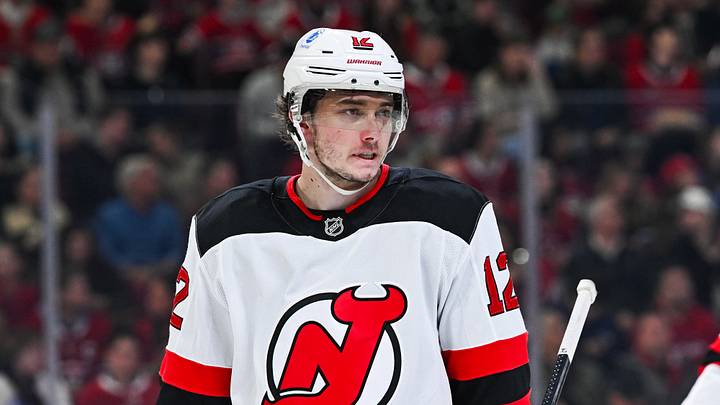 Apr 5, 2026; Montreal, Quebec, CAN; New Jersey Devils center Cody Glass (12) looks on against the Montreal Canadiens during the third period at Bell Centre. Mandatory Credit: David Kirouac-Imagn Images Apr 5, 2026; Montreal, Quebec, CAN; New Jersey Devils center Cody Glass (12) looks on against the Montreal Canadiens during the third period at Bell Centre. Mandatory Credit: David Kirouac-Imagn Images