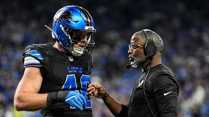 Detroit Lions defensive coordinator Aaron Glenn talks with linebacker Jack Campbell during the first half against the Minnesota Vikings at Ford Field in Detroit on Sunday, Jan. 5, 2025. Detroit Lions defensive coordinator Aaron Glenn talks with linebacker Jack Campbell during the first half against the Minnesota Vikings at Ford Field in Detroit on Sunday, Jan. 5, 2025.