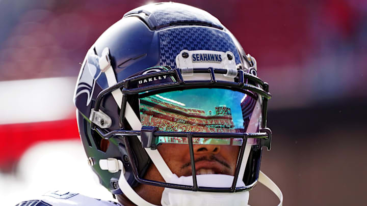 Nov 17, 2024; Santa Clara, California, USA; Seattle Seahawks cornerback Coby Bryant (8) warms up before the game against the San Francisco 49ers at Levi's Stadium. Mandatory Credit: David Gonzales-Imagn Images