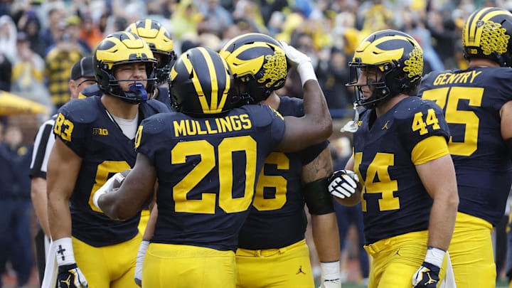 Sep 28, 2024; Ann Arbor, Michigan, USA; Michigan Wolverines running back Kalel Mullings (20) cut after scoring a touchdown in the first half against the Minnesota Golden Gophers at Michigan Stadium. Mandatory Credit: Rick Osentoski-Imagn Images Sep 28, 2024; Ann Arbor, Michigan, USA; Michigan Wolverines running back Kalel Mullings (20) cut after scoring a touchdown in the first half against the Minnesota Golden Gophers at Michigan Stadium. Mandatory Credit: Rick Osentoski-Imagn Images