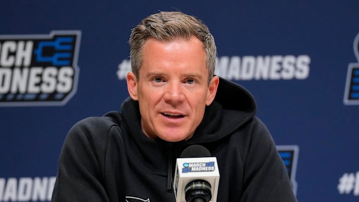 Mar 21, 2024; Brooklyn, NY, USA;  FAU coach Dusty May talks to the media at a press conference.
