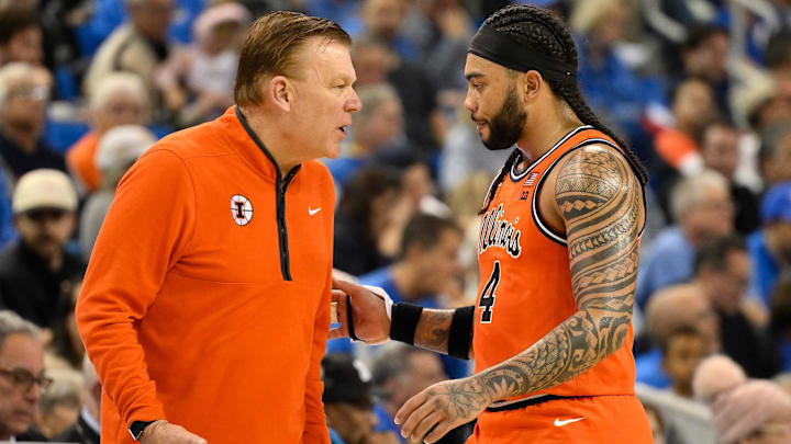 Feb 21, 2026; Los Angeles, California, USA; Illinois Fighting Illini head coach Brad Underwood with guard Kylan Boswell (4) during the second half at Pauley Pavilion presented by Wescom Financial. Mandatory Credit: Robert Hanashiro-Imagn Images Feb 21, 2026; Los Angeles, California, USA; Illinois Fighting Illini head coach Brad Underwood with guard Kylan Boswell (4) during the second half at Pauley Pavilion presented by Wescom Financial. Mandatory Credit: Robert Hanashiro-Imagn Images