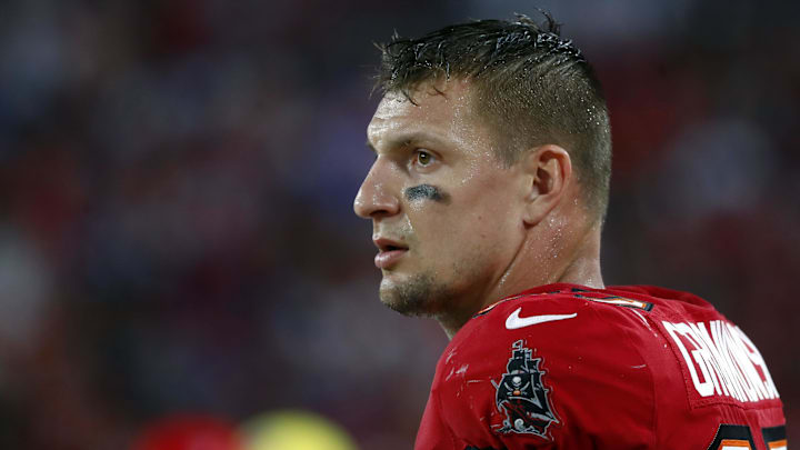 Dec 12, 2021; Tampa, Florida, USA;Tampa Bay Buccaneers tight end Rob Gronkowski (87) looks on against the Buffalo Bills during the first half at Raymond James Stadium. 