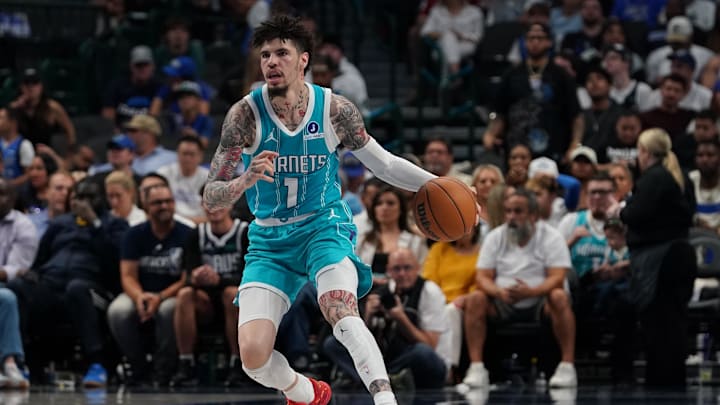 Oct 11, 2025; Dallas, Texas, USA; Charlotte Hornets guard Lamelo Ball (1) brings the ball up court against the Dallas Mavericks in the first half of a game at American Airlines Center. Mandatory Credit: Raymond Carlin III-Imagn Images