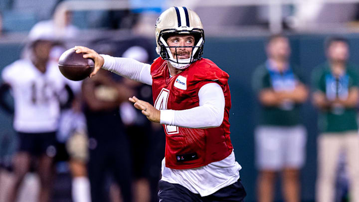 Aug 20, 2024; New Orleans, LA, USA;  New Orleans Saints quarterback Derek Carr (4) during practice at Yulman Stadium (Tulane). Mandatory Credit: Stephen Lew-Imagn Images