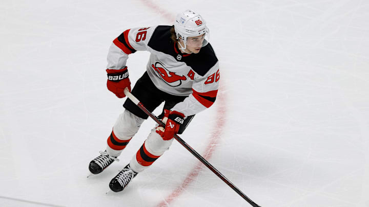 Feb 26, 2025; Denver, Colorado, USA; New Jersey Devils center Jack Hughes (86) controls the puck in the first period against the Colorado Avalanche at Ball Arena. Mandatory Credit: Isaiah J. Downing-Imagn Images Feb 26, 2025; Denver, Colorado, USA; New Jersey Devils center Jack Hughes (86) controls the puck in the first period against the Colorado Avalanche at Ball Arena. Mandatory Credit: Isaiah J. Downing-Imagn Images