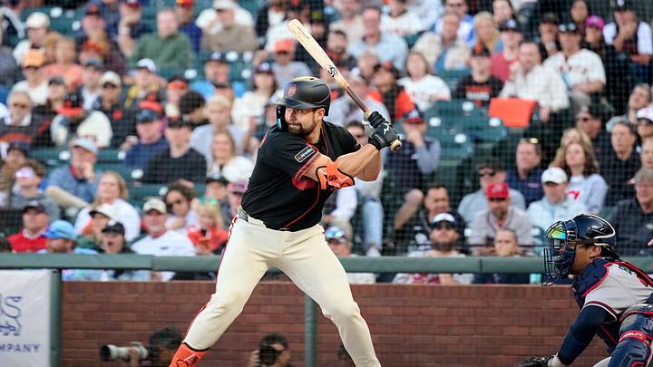 Jun 27, 2026; San Francisco, California, USA; San Francisco Giants catcher Drew Cavanaugh (61) bats against starting pitcher Bryce Elder (not pictured) during the second inning at Oracle Park. Mandatory Credit: Robert Edwards-Imagn Images