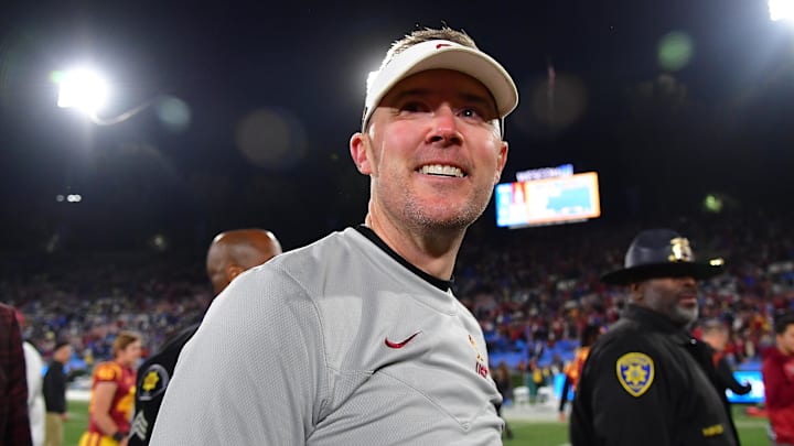 Nov 19, 2022; Pasadena, California, USA; Southern California Trojans head coach Lincoln Riley reacts following the victory against the UCLA Bruins at the Rose Bowl. Mandatory Credit: Gary A. Vasquez-Imagn Images Nov 19, 2022; Pasadena, California, USA; Southern California Trojans head coach Lincoln Riley reacts following the victory against the UCLA Bruins at the Rose Bowl. Mandatory Credit: Gary A. Vasquez-Imagn Images
