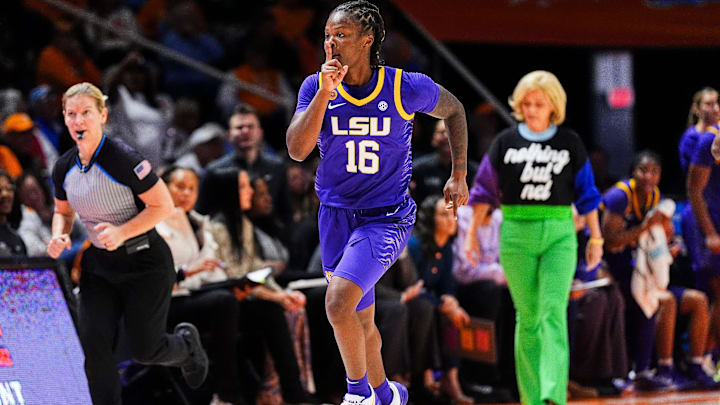 LSU guard Kailyn Gilbert (16) shushes the Tennessee crowd after hitting a three-pointer during a women's college basketball game between the Lady Vols and LSU at Thompson-Boling Arena at Food City Center on Thursday, Jan. 9, 2025.