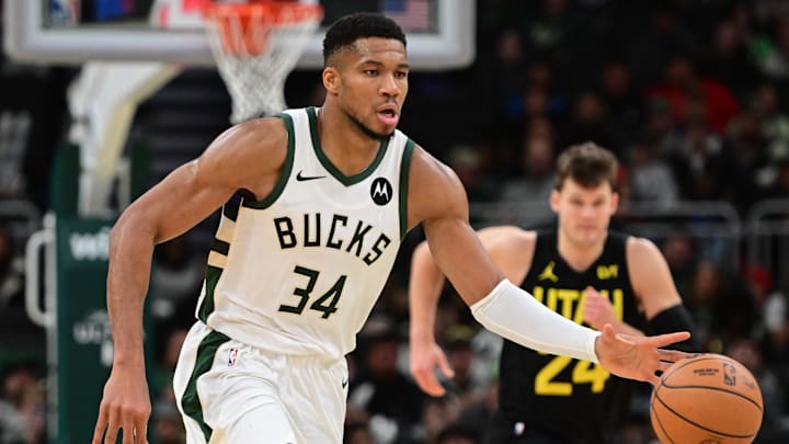 Nov 7, 2024; Milwaukee, Wisconsin, USA;  Milwaukee Bucks forward Giannis Antetokounmpo (34) drives for the basket in the fourth quarter against the Utah Jazz at Fiserv Forum. Mandatory Credit: Benny Sieu-Imagn Images
