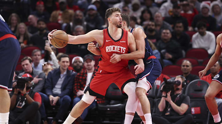Dec 11, 2025; Houston, Texas, USA; Houston Rockets center Alperen Sengun (28) controls the ball as Los Angeles Clippers guard Bogdan Bogdanovic (10) defends during the second quarter at Toyota Center. Mandatory Credit: Troy Taormina-Imagn Images Dec 11, 2025; Houston, Texas, USA; Houston Rockets center Alperen Sengun (28) controls the ball as Los Angeles Clippers guard Bogdan Bogdanovic (10) defends during the second quarter at Toyota Center. Mandatory Credit: Troy Taormina-Imagn Images