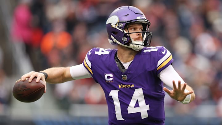 Minnesota Vikings quarterback Sam Darnold throws a pass against the Chicago Bears